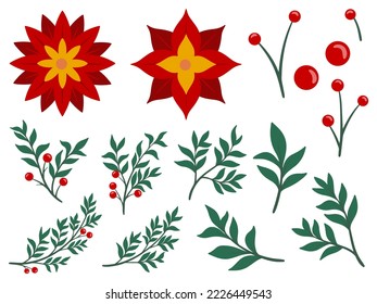 Christmas Holly Leaves with Flowers Illustration Set