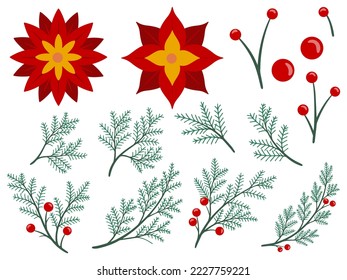 Christmas Holly Leaves with Flowers Illustration Set