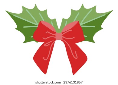 Christmas holly leaves with red bow, winter decoration in cartoon style isolated on white background. Flat vector illustration for postcard design, Colorful template , Holiday season element.