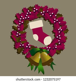 christmas holly leaves round with bells and sock