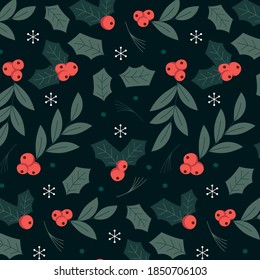 Christmas holly and leaves seamless pattern. Background, wallpaper, backdrop