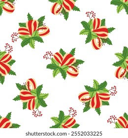 Christmas holly leaves seamless pattern with berries and striped ribbon illustration