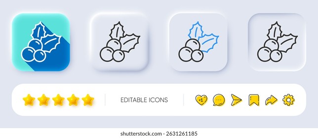 Christmas holly line icon. Neumorphic, Flat shadow, 3d buttons. Ilex aquifolium sign. Line christmas holly icon. Social media icons. Vector