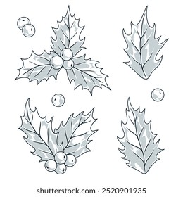 Christmas holly monochrome set logotypes with berries and petals symbolizing coming of new year or Xmas vector illustration