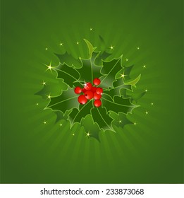 Christmas Holly On Green Background