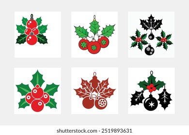 Christmas holly ornaments silhouette vector illustration