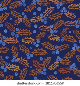 Christmas holly pattern, holly leaves and berries, blockprinting