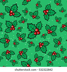 Christmas holly pattern on green background. Christmas seamless background.  Xmas vector. Design element for greeting cards or flyers.