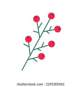 Christmas Holly Plant flat vector icon isolated on white. Winter floral botany branch with red berries. Traditional Christmas plant decoration. Flat linear style vector illustration decor element.