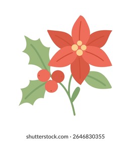 Christmas holly and poinsettia in flat style form elegant decor. This holly and poinsettia vector adds classic charm with vibrant holly details.