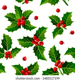 Christmas holly with red berries on a white background. Vector seamless pattern for fabric and holiday paper.