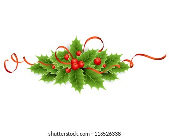Christmas holly and red ribbon