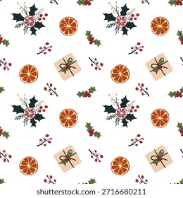 Navidades holly sin patrón. Fondo festivo de vacaciones con bayas, ramas y arcos