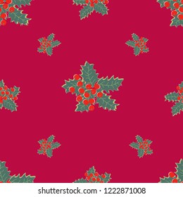 Christmas holly seamless pattern on red background
