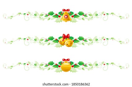 Christmas holly set. Vector ribbon border garland with holly leaf and bell decoration. Holiday frame. Branch and bow background. Isolated on white banners. Merry Xmas jingle bell design
