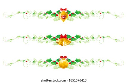 Christmas holly set. Vector ribbon border garland with holly leaf and bell decoration. Holiday frame. Branch and bow background. Isolated on white banners. Merry Xmas jingle bell design