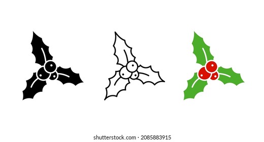 Christmas holly in simple style, set vector illustration. Icon hand drawn for design and print. Isolated black symbol for xmas decoration. Silhouette plant and berry on white background