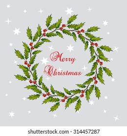 Christmas holly tree wreath with green leaves and red berries. Vector illustration