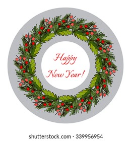 Christmas holly tree wreath with green leaves and red berries. Vector illustration