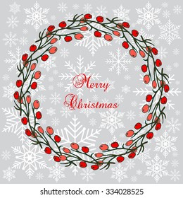 Christmas holly tree wreath with red berries. Vector illustration