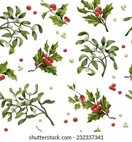  Christmas holly twigs and mistletoe seamless pattern. Decorative vector illustration.
