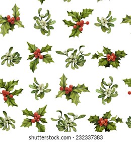  Christmas holly twigs and mistletoe seamless pattern. Decorative vector illustration.