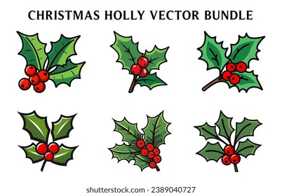 Christmas Holly Vector illustration Set, Christmas Holly Clipart Bundle