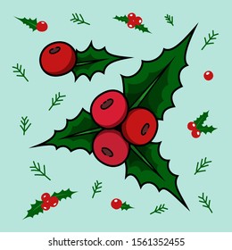 Christmas holly vector illustration, x mas elements, traditional plant berries with sharp leaves. new year symbol and icons isolated on simple flat background for decoration and print on greeting card