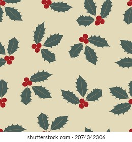 Christmas holly winter vector seamless repeating pattern background. Trendy for fabric, texitle print, wallpaper, background, wrapping or invitation cards, packaging.