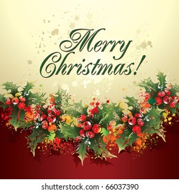 Christmas holly wreath with drops and sprays on a beige and burgundy background. Vector illustration.
