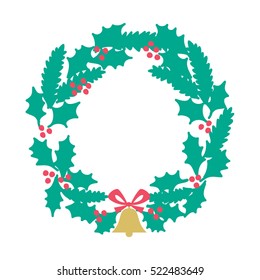 Christmas holly wreath with a gold bell. Vector illustration