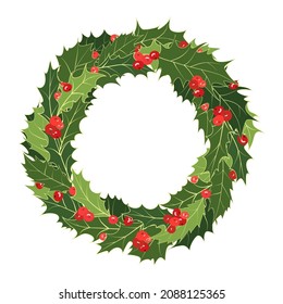 Christmas holly wreath. Holly jolly xmas frame with green leaves and red berries. Winter border holy foliage. Retro design element, vector illustration isolated on white background. New Year greetings