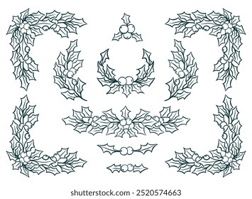 Christmas Holly Wreath with Leaves and Berries, vector hand drawn isolated line for greeting cards and invitations
