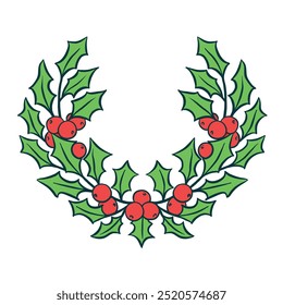 Natal Holly Wreath com folhas e bagas, Decoração desenhada à mão vetor isolado para cartões de saudação e convites