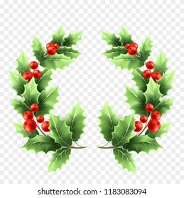 Christmas holly wreath realistic illustration. Tree branches with green leaves and red berries on transparent background. Decorative Xmas holly tree round twigs. Poster design element. Isolated vector