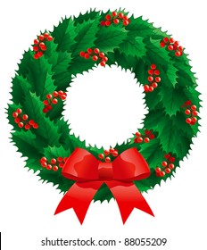 Christmas holly wreath. Vector christmas decoration - holly wreath with berries, isolated on white background.
