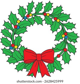 Christmas Holly Wreath Vector with Red Bow, Christmas wreath décor concept, Vector illustration Season greeting card isolated on white background. Hand drawn Christmas wreath