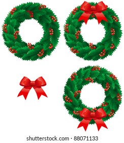 Christmas holly wreath. Vector set of christmas decoration - holly wreath with berries and bow isolated on white background.