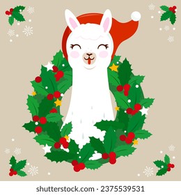 Christmas holy berry wreath seasonal holiday decoration with cute llama or alpaca character portrait with Xmas Santa Claus hat. Merry Christmas background. Vector illustration