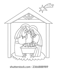 Christmas Holy Family. Cute Virgin Mary, saint Joseph and baby Jesus. Birth of Savior Christ. Vector illustration. outline hand drawing doodle for Xmas holiday design