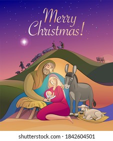 Christmas. Holy family holding baby Jesus Holy night. Vector illustration