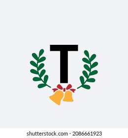 Christmas holy leaf and bells letter T logo design