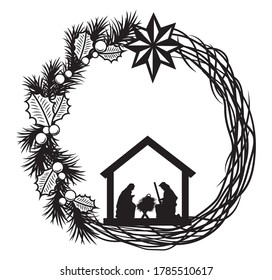 Christmas holy wreath. Festive decor. Stylized wreath of fir branches with Christian characters of the holy night. Vector illustration for a holiday card.