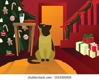 Christmas home with cat, christmas tree and presents. Christmas mood