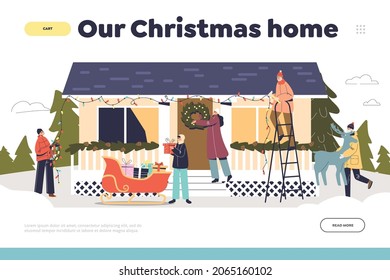 Christmas home concept of landing page with family decorating house with garland, wreath, reindeer and santa sleigh. People prepare for xmas and new year winter holidays. Flat vector illustration