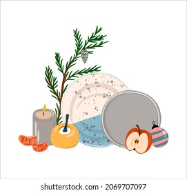 Decoración navideña y с composición de platos erámicos con vela, juguete de árbol y rama de abeto. Elementos de diseño decorativos. Ilustración vectorial colorida de dibujos animados planos.