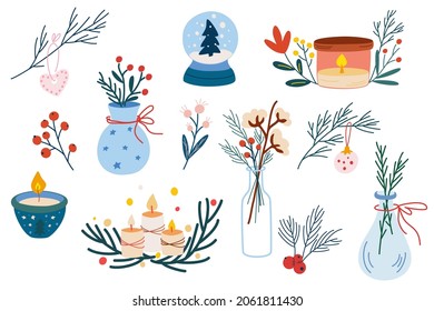 Christmas Home Decor set. Hand drawn elements of Vases with winter flowers and twigs, berries, candles, Christmas toys. Cozy winter time. Cartoon vector illustration.