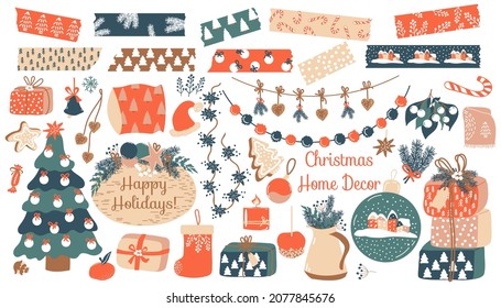 Weihnachts-Heimdekor-Set. Vektorgrafiken von Weihnachtsbaum, Geschenkbox, Grasland, Lebkuchen, Süßigkeiten, Heimtextilien, Weihnachtsspielzeug. Waschbänder. Trendobjekte für gemütliche Winterzeit