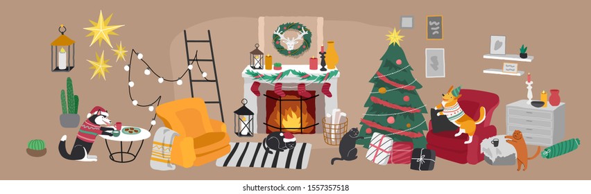 Christmas home decorations with pets. Scandinavian interior with cute cat and dog dressed in Christmas costumes. Cozy Winter holiday season. Illustration and New year typography in Hygge style