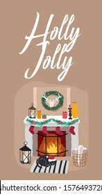 Christmas home decorations with pets. Scandinavian interior with cute cat and dog dressed in Christmas costumes. Cozy Winter holiday season. Illustration and New year typography in Hygge style